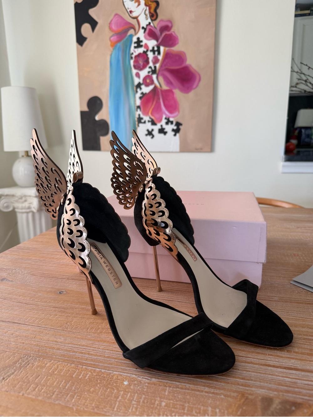 Sophia Webster Black Suede Stiletto Heels with Rose-Gold Wing Accents